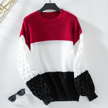 Women's Sweater Round Neck Long Sleeve Casual Contrast Color Pullover