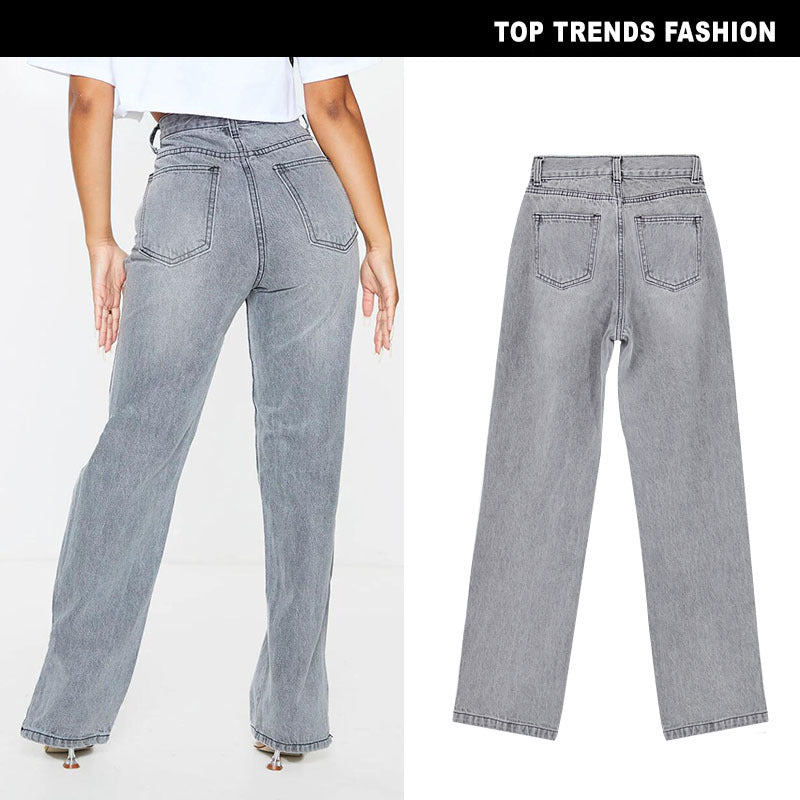 Women's High Waist Sand Gray Straight-leg Denim Trousers