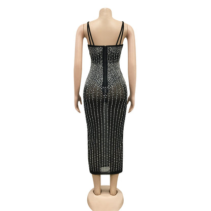 Mesh See-through Rhinestone-studded Sling Dress