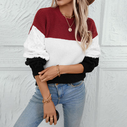 Women's Sweater Round Neck Long Sleeve Casual Contrast Color Pullover