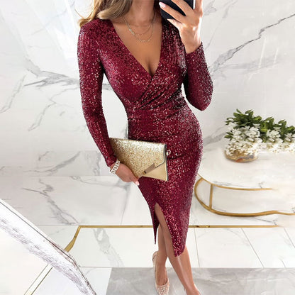 Women's Split V-neck Hip Long Sleeve Sequined Solid Color Dress