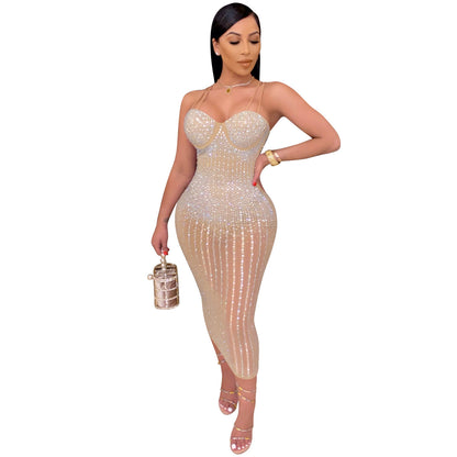 Mesh See-through Rhinestone-studded Sling Dress